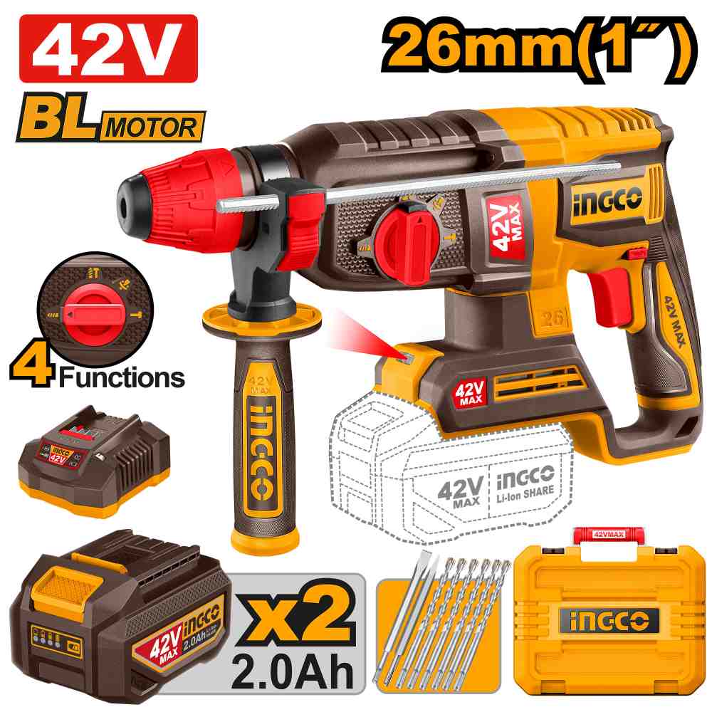Martillo Rotativo 42 V 26 Mm * Incluye Carg/ Bat 2 Ah INGCO