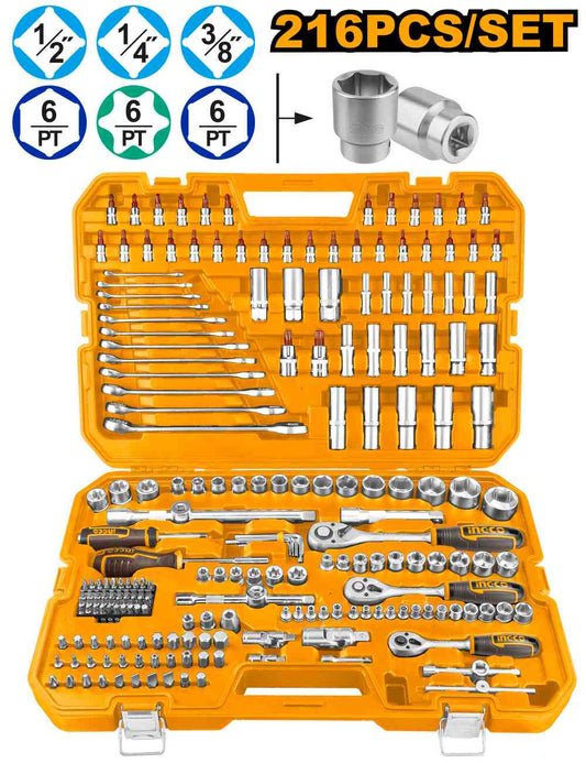 Maleta Jgo 216 Pcs Llaves Vasos 1/4”-3/8”-1/2” INGCO