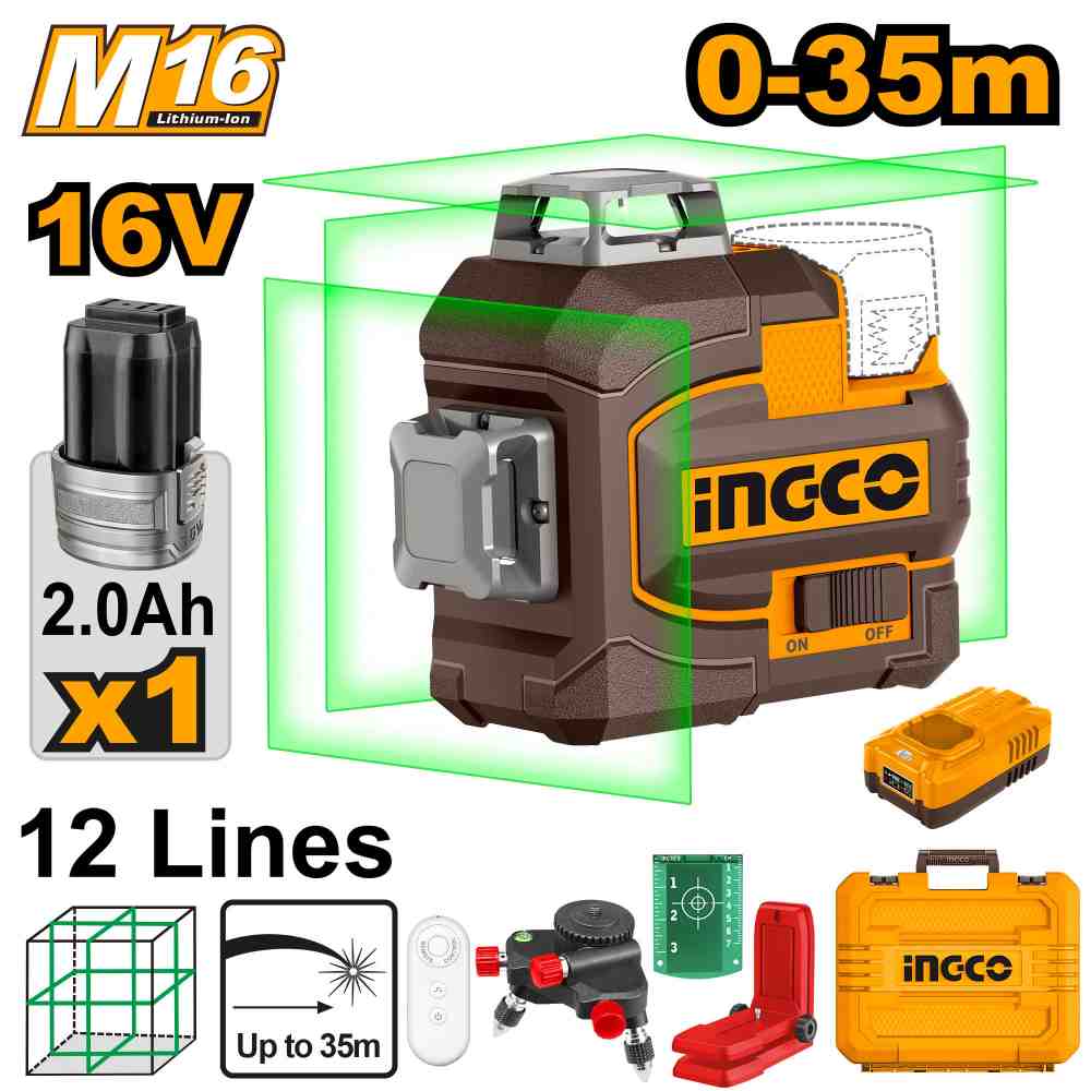 Láser 3D Linea Verde Autonivelante 0-35m INGCO