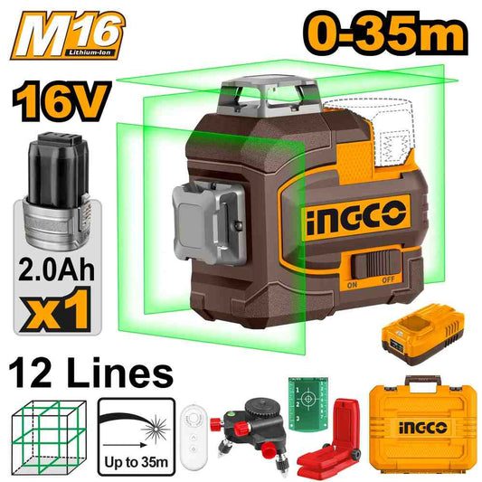 Láser 3D Linea Verde Autonivelante 0-35m INGCO
