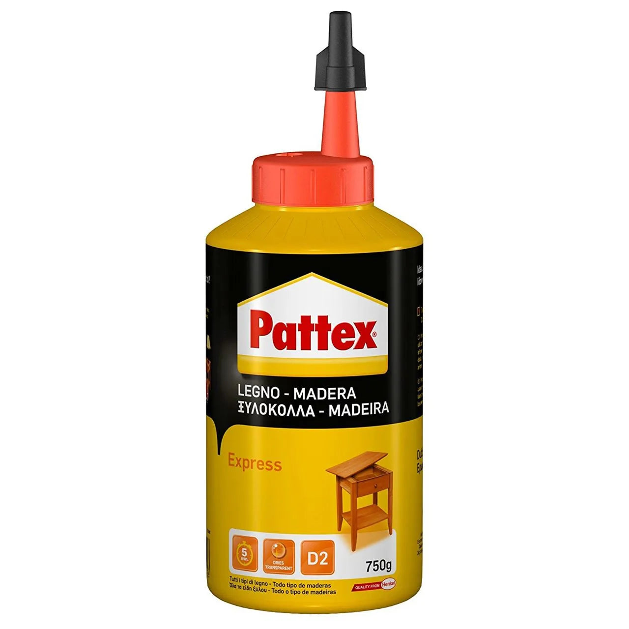 Pattex Cola para Madera Express 75, 250 y 750 g — Fuerza inicial en 5 minutos, transparente al secar, sin disolventes