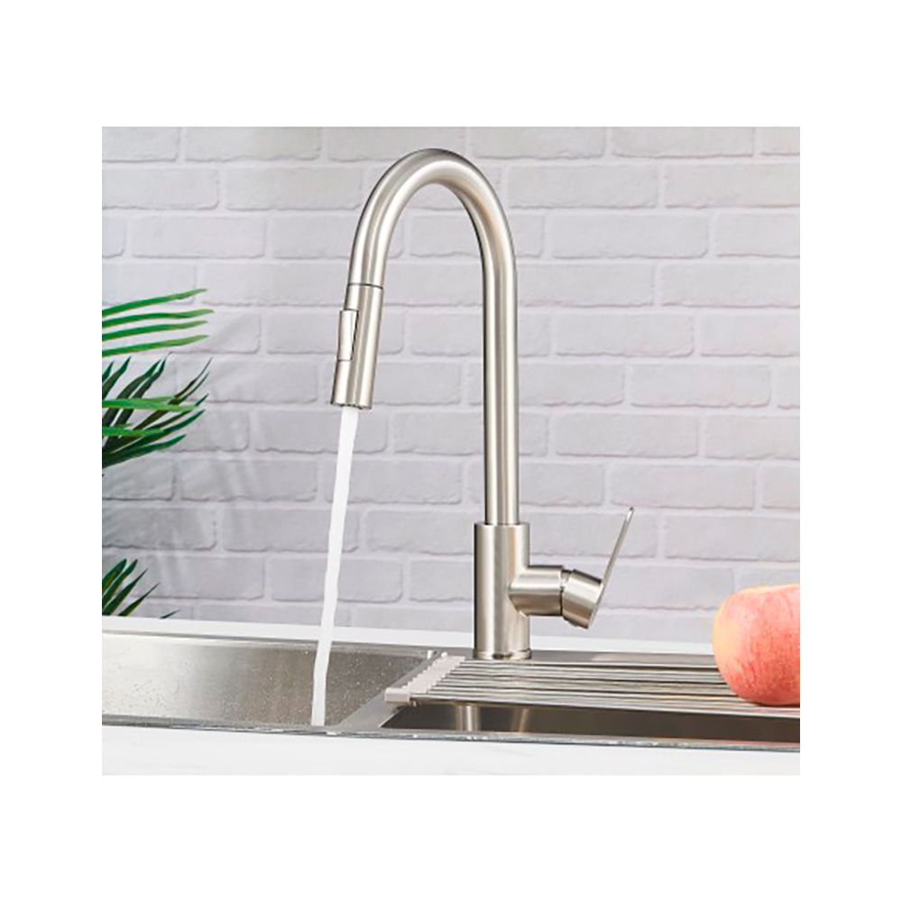 Grifo monomando de cocina caño alto extraíble plateado mate serie miño