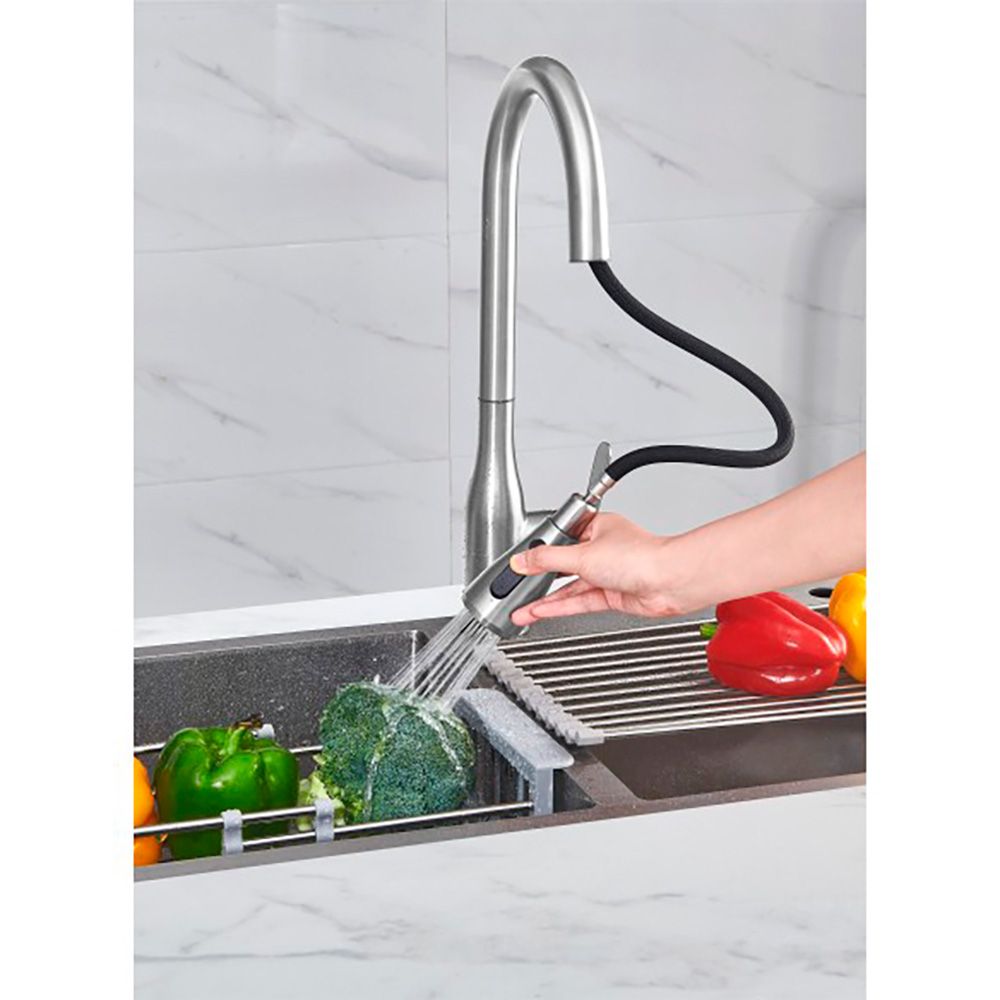 Grifo monomando de cocina caño alto plateado cepillado serie trazo