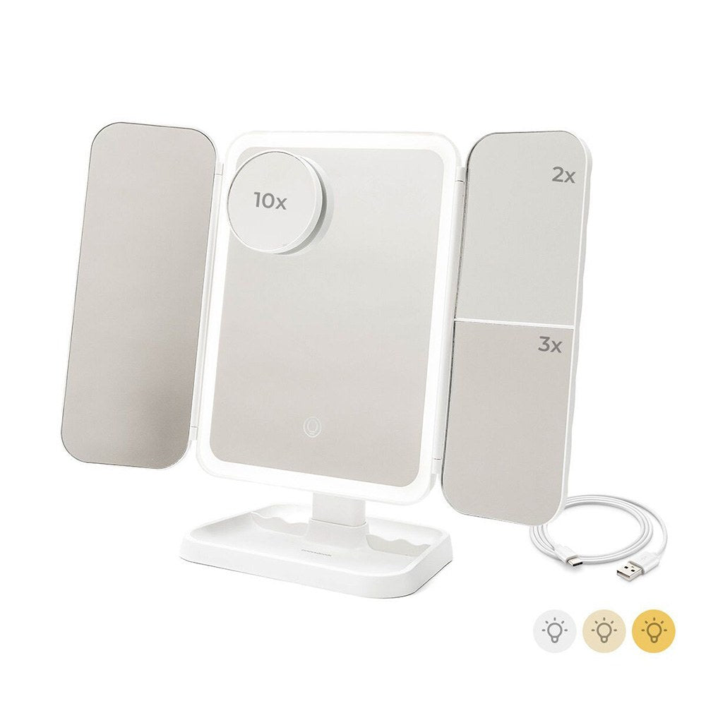 Espejo tríptico plegable de sobremesa con aumento y luz led recargable