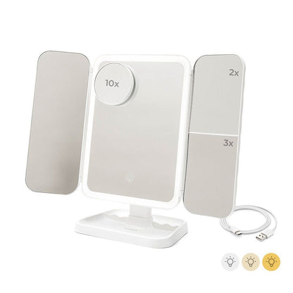 Espejo tríptico plegable de sobremesa con aumento y luz led recargable