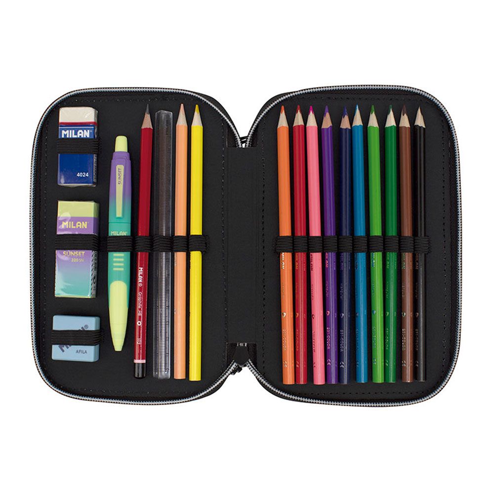 Plumier de 2 pisos con contenido sunset, negro y verde milan