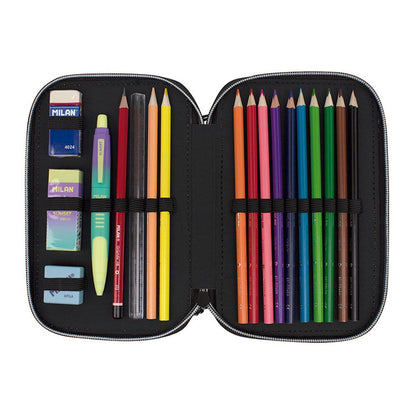 Plumier de 2 pisos con contenido sunset, negro y verde milan