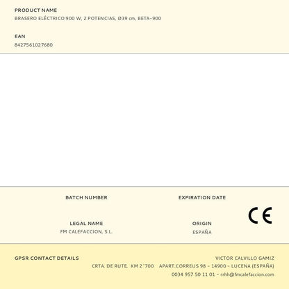 Brasero eléctrico beta-900, 2 potencias 450 w / 900 w, ø39 cm