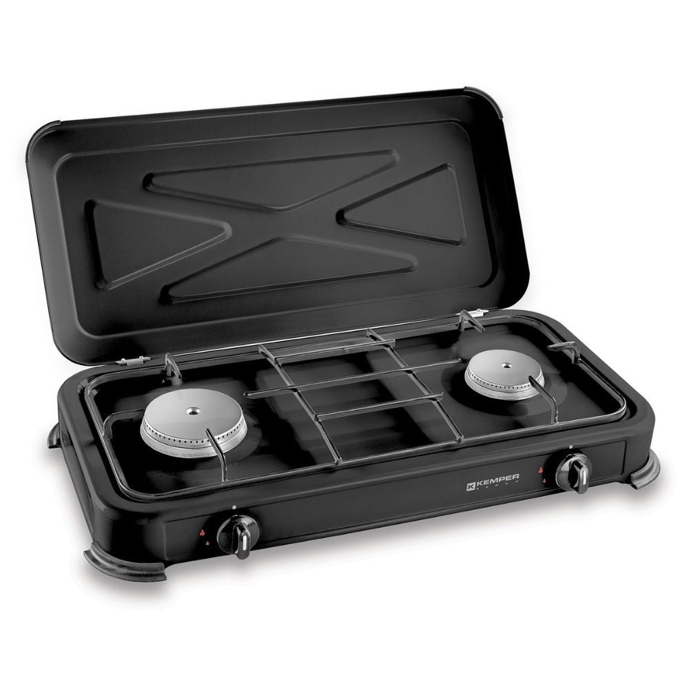 Cocina de gas butano/propano esmaltada 2 quemadores, negra, 570 x 300 x 65 mm