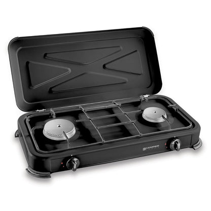 Cocina de gas butano/propano esmaltada 2 quemadores, negra, 570 x 300 x 65 mm