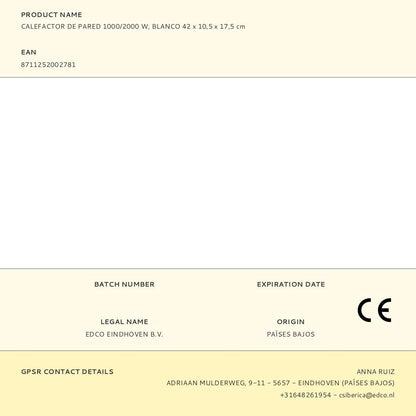 Calefactor de pared 1000/2000 w, blanco 42 x 10,5 x 17,5 cm