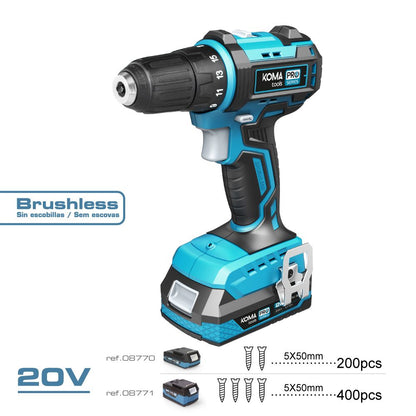 Kit taladro atornillador brushless 20 v con 2 baterías 2,0ah y cargador