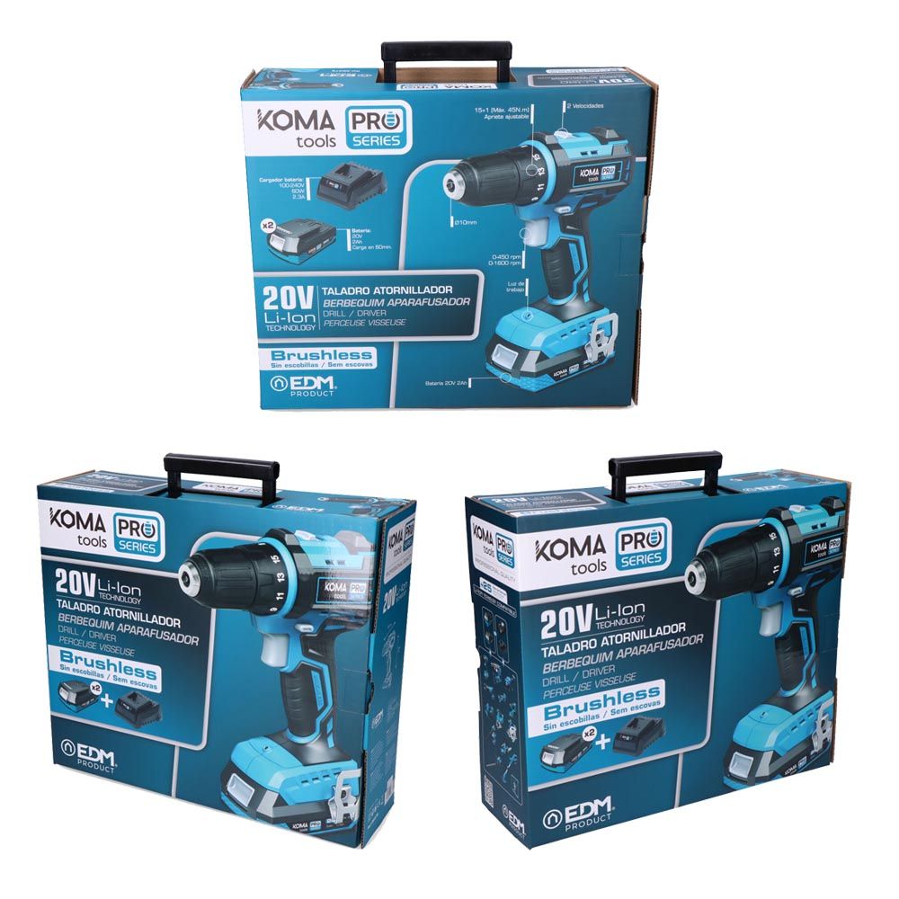 Kit taladro atornillador brushless 20 v con 2 baterías 2,0ah y cargador