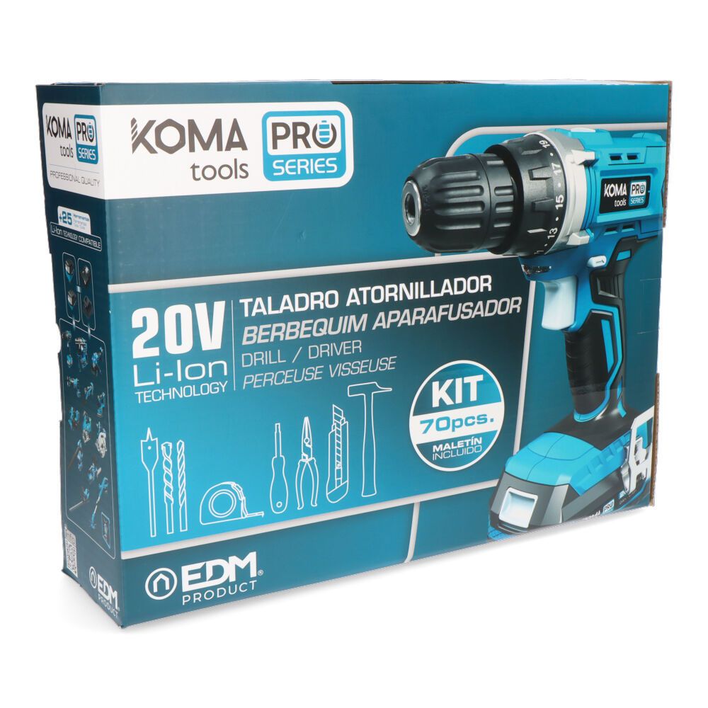 Kit taladro atornillador 20 v con 70 accesorios, batería 2.0ah y cargador