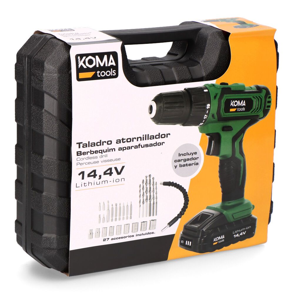 Kit taladro atornillador 14,4 v con 27 accesorios, batería 1500 mah y cargador