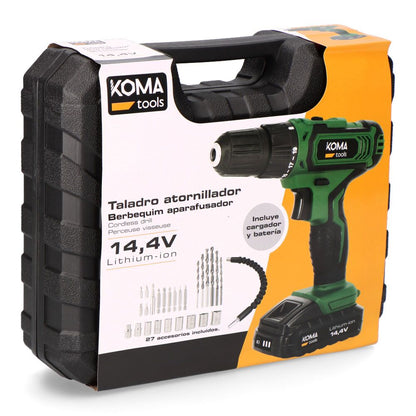 Kit taladro atornillador 14,4 v con 27 accesorios, batería 1500 mah y cargador