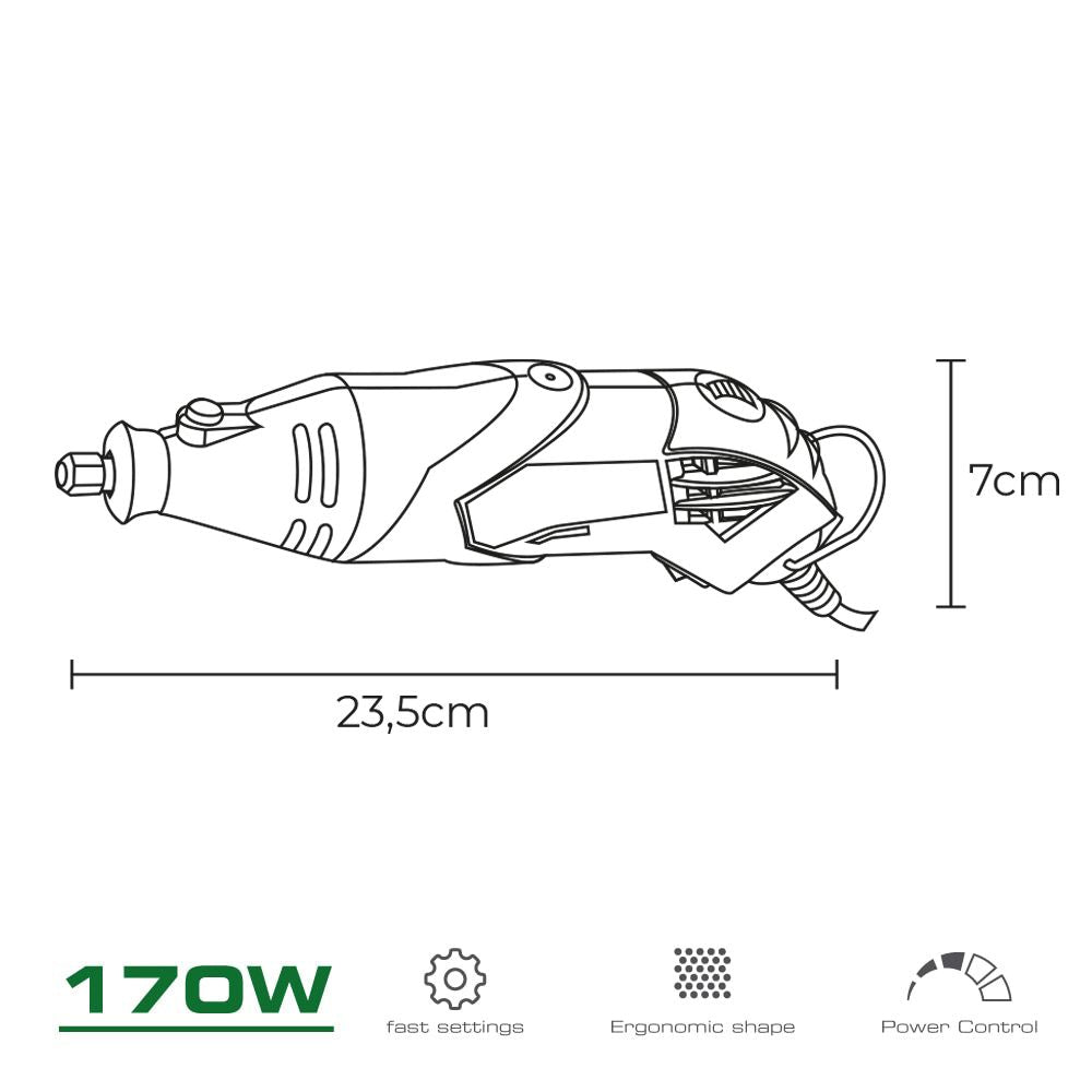 Herramienta multiusos rotativa 170w + 41 tipos de accesorio (190 piezas en total) 23,5 x 7 cm