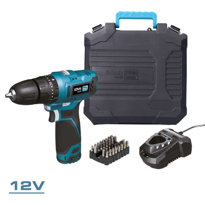 Kit taladro percutor 12 v con accesorios, batería 2.0ah y cargador