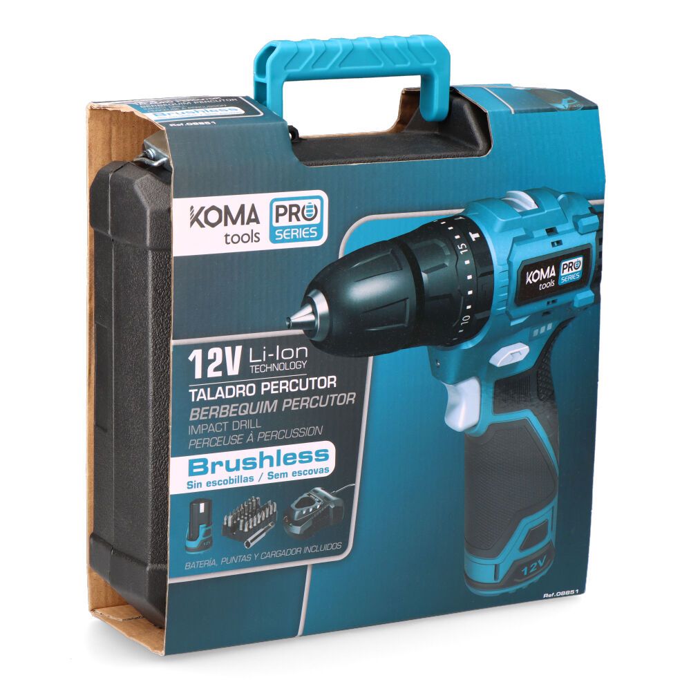 Kit taladro percutor brushless 12 v con accesorios, batería 2.0ah y cargador