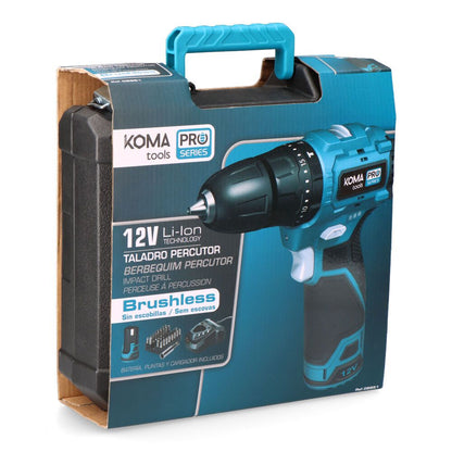 Kit taladro percutor brushless 12 v con accesorios, batería 2.0ah y cargador