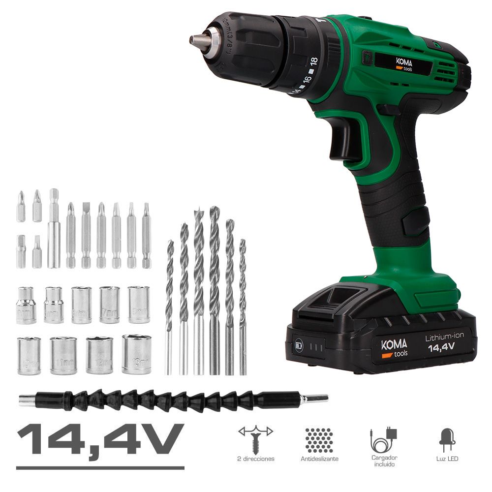 Kit taladro percutor atornillador 14,4 v con 28 accesorios, batería 1500 mah y cargador