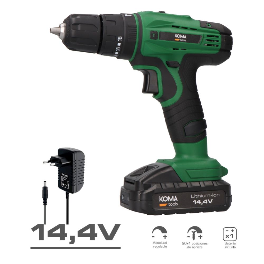 Kit taladro percutor atornillador 14,4 v con 28 accesorios, batería 1500 mah y cargador