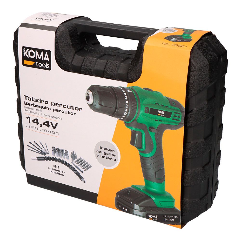 Kit taladro percutor atornillador 14,4 v con 28 accesorios, batería 1500 mah y cargador