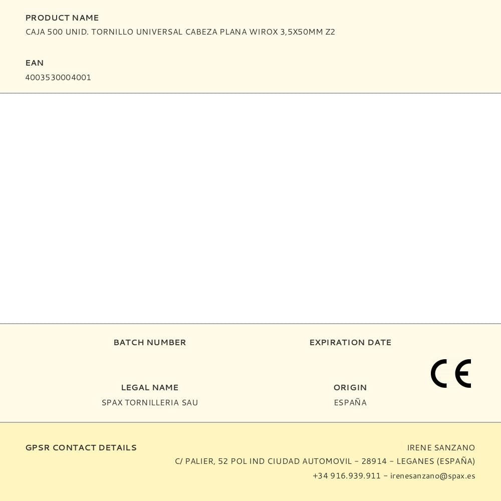 Caja 500 unid. tornillo universal cabeza plana wirox 3,5x50mm z2
