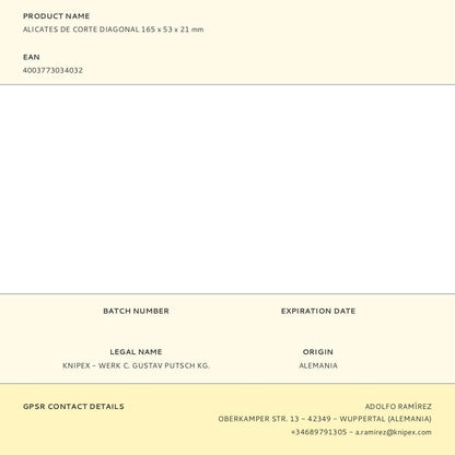 Alicates de corte diagonal 165 x 53 x 21 mm