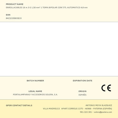 Enrollacables 16 m 3 g 1,50 mm² 1 toma bipolar con t/tl automatico 4,8 mm