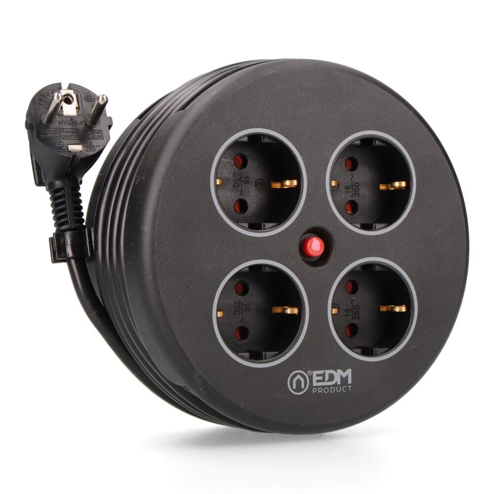 Enrollacables con 4 tomas 2p+t schuko, con protección, 16 a 250 v, cable h05vv-f 3g1,5mm² de 5 m, negro