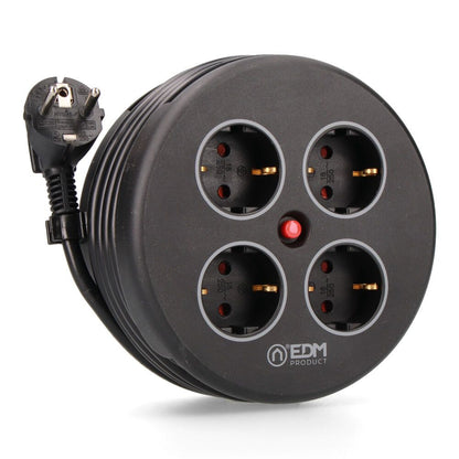 Enrollacables con 4 tomas 2p+t schuko, con protección, 16 a 250 v, cable h05vv-f 3g1,5mm² de 5 m, negro