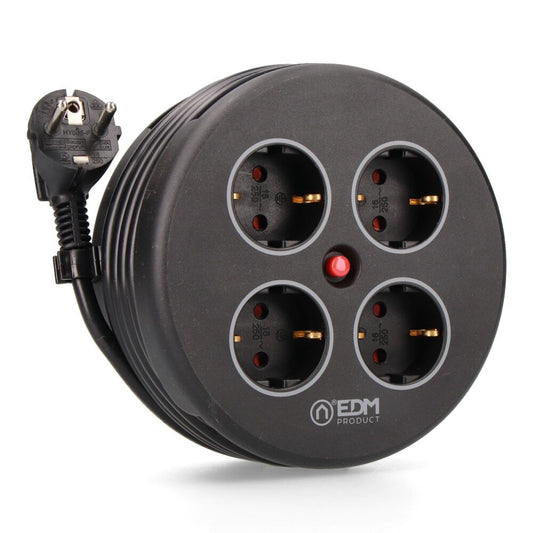 Enrollacables con 4 tomas 2p+t schuko, con protección, 16 a 250 v, cable h05vv-f 3g1,5mm² de 5 m, negro