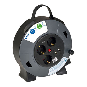Enrollacables con 2 usb a, 3 tomas 2p+tt schuko, 16 a, 230 v~, h05vv-f 3 g 1,5 mm², 5 m, negro/gris