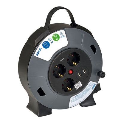 Enrollacables con 2 usb a, 3 tomas 2p+tt schuko, 16 a, 230 v~, h05vv-f 3 g 1,5 mm², 5 m, negro/gris