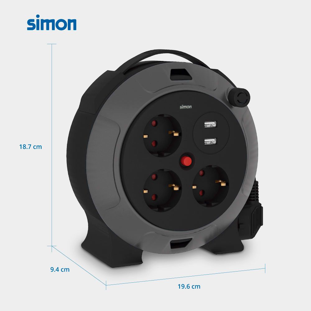 Enrollacables con 2 usb a, 3 tomas 2p+tt schuko, 16 a, 230 v~, h05vv-f 3 g 1,5 mm², 5 m, negro/gris