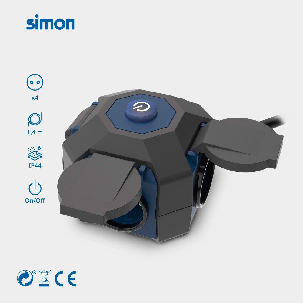 Base múltiple 4 tomas schuko, interruptor, ip44, 1,5 m de cable h07rn-f 3g1,5 mm², 16a 230v~, negra/azul