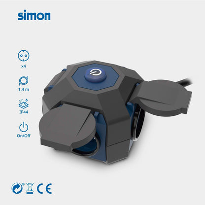 Base múltiple 4 tomas schuko, interruptor, ip44, 1,5 m de cable h07rn-f 3g1,5 mm², 16a 230v~, negra/azul