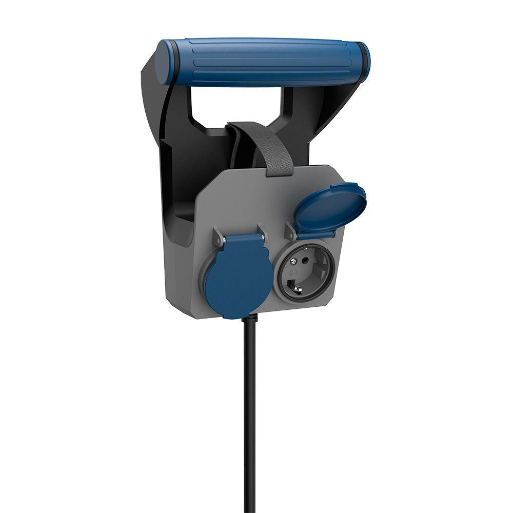 Base múltiple 2 tomas schuko, ip44, 10 m de cable h05rr-f 4g1,5 mm², 16a 230v~, gris/azul/negro