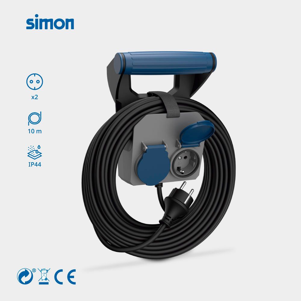 Base múltiple 2 tomas schuko, ip44, 10 m de cable h05rr-f 4g1,5 mm², 16a 230v~, gris/azul/negro