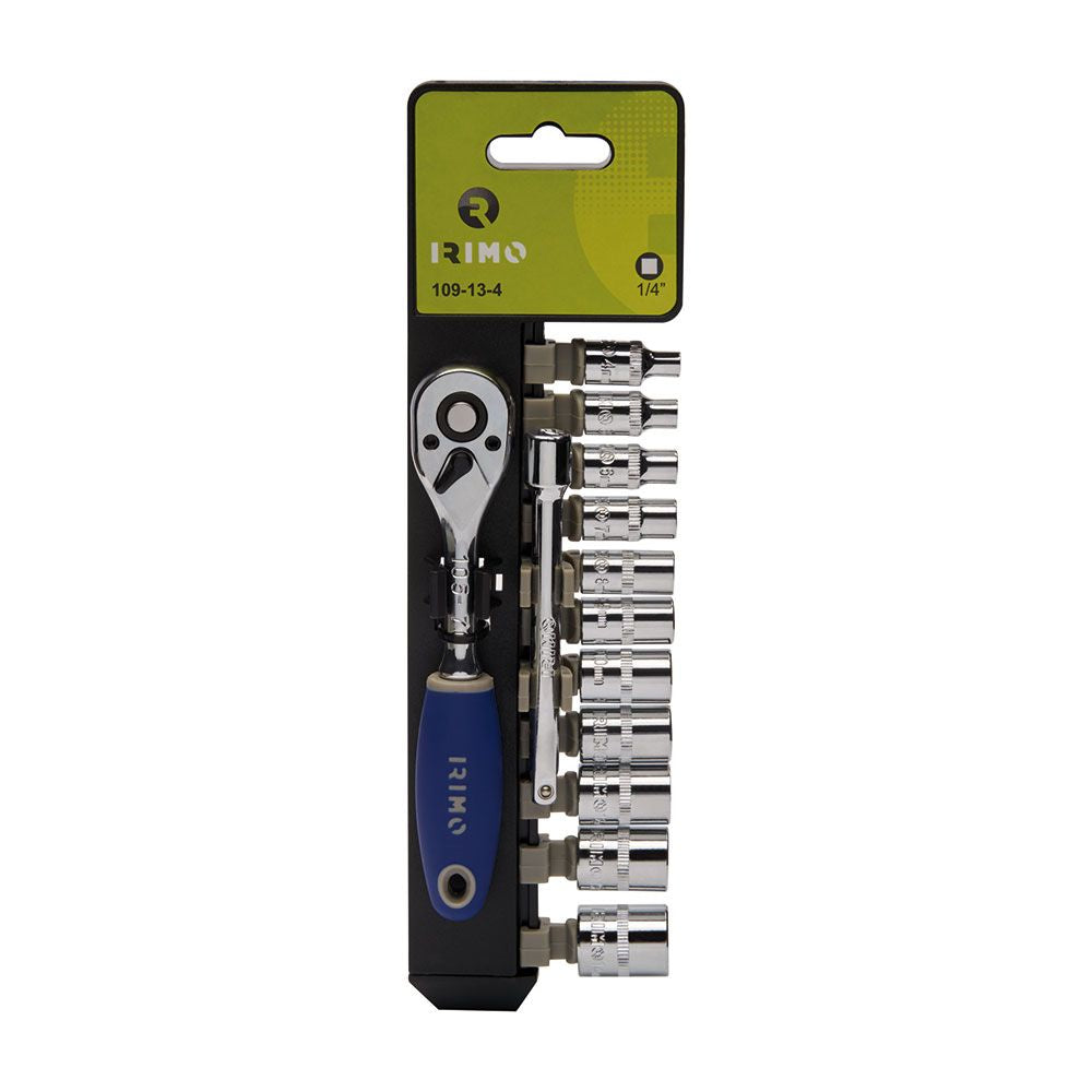 Llave de carraca ¼ pulg, vasos, alargador, 13 piezas