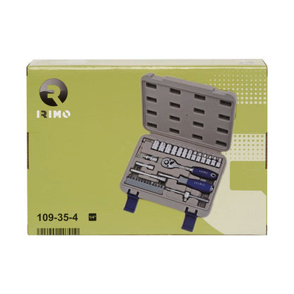 Llave de carraca ¼ pulg, vasos y puntas, juego 35 piezas