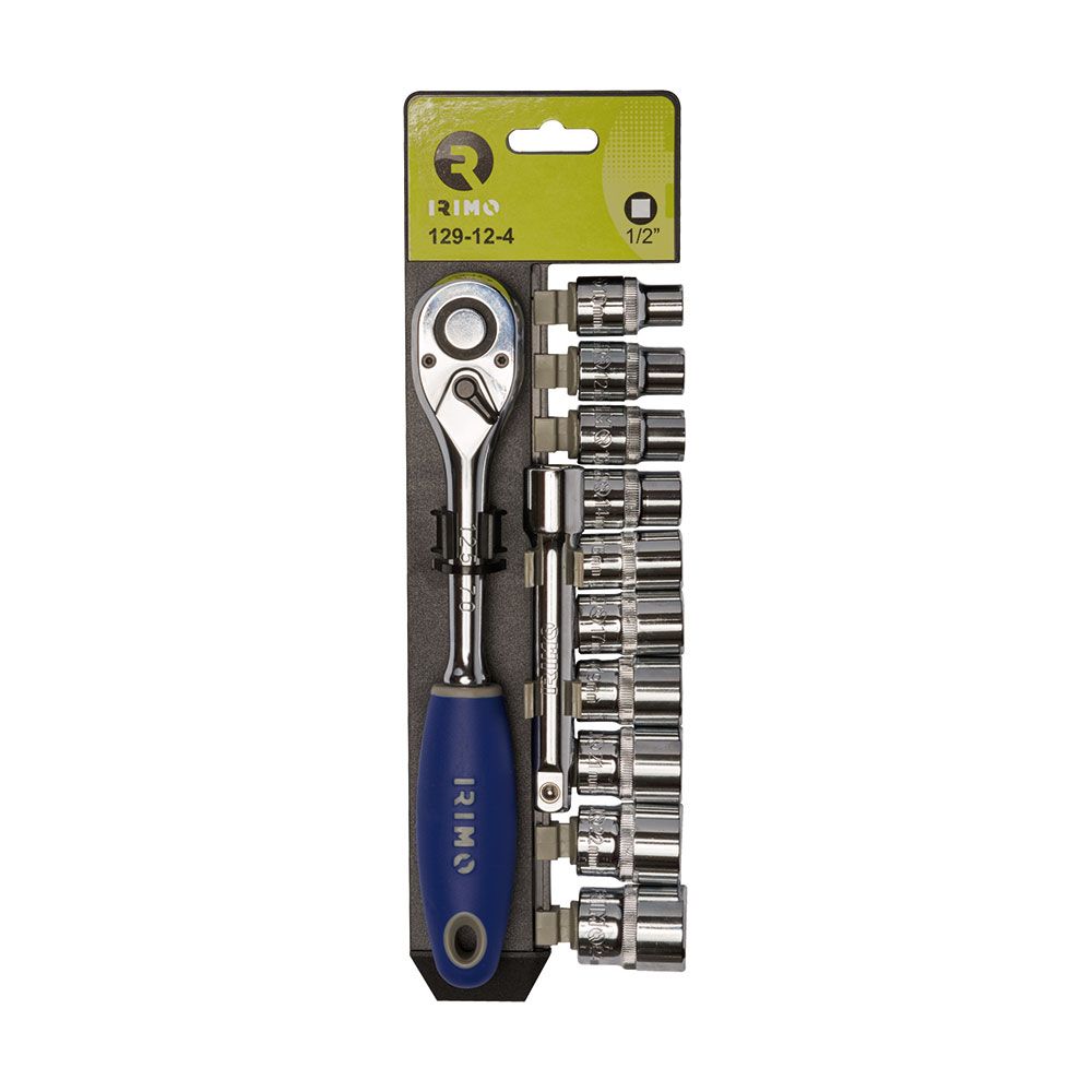 Llave de carraca ½ pulg, 10 vasos 10 - 24 mm, alargadera 125 mm, juego 12 piezas