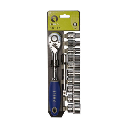 Llave de carraca ½ pulg, 10 vasos 10 - 24 mm, alargadera 125 mm, juego 12 piezas
