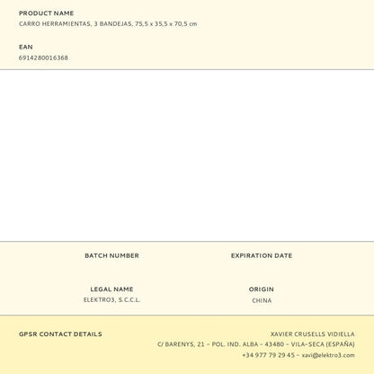 Carro herramientas, 3 bandejas (herramienta no incluida), 75,5 x 35,5 x 70,5 cm
