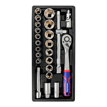 Llave de carraca y vasos ½ pulg, juego 24 piezas, métrico