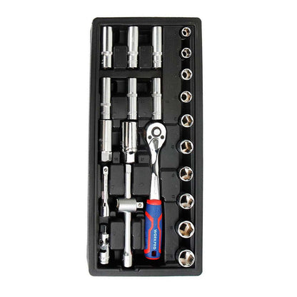 Llave de carraca y vasos 3/8 pulg, juego 23 piezas, métrico