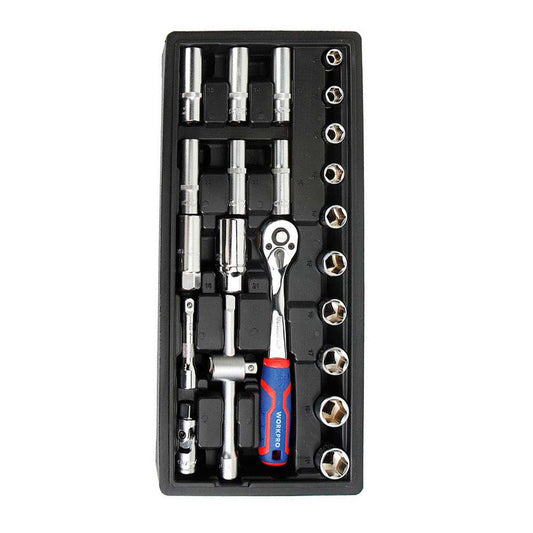 Llave de carraca y vasos 3/8 pulg, juego 23 piezas, métrico