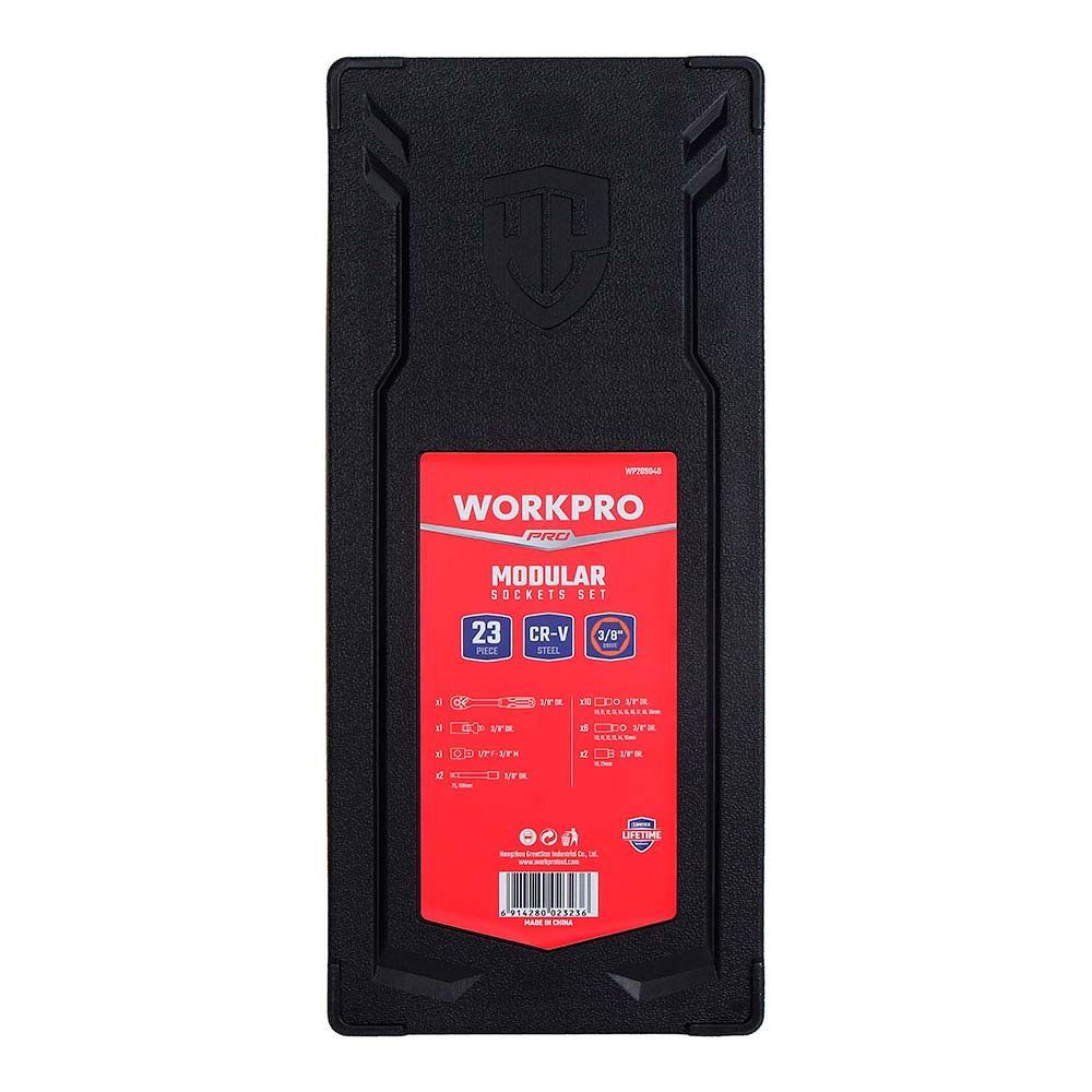 Llave de carraca y vasos 3/8 pulg, juego 23 piezas, métrico