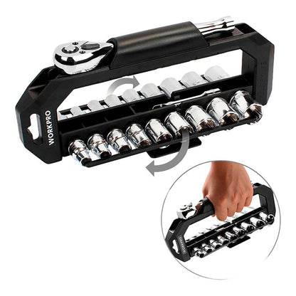 Llave de carraca y vasos 3/8 pulg, soporte giratorio, juego 20 piezas, métrico-sae